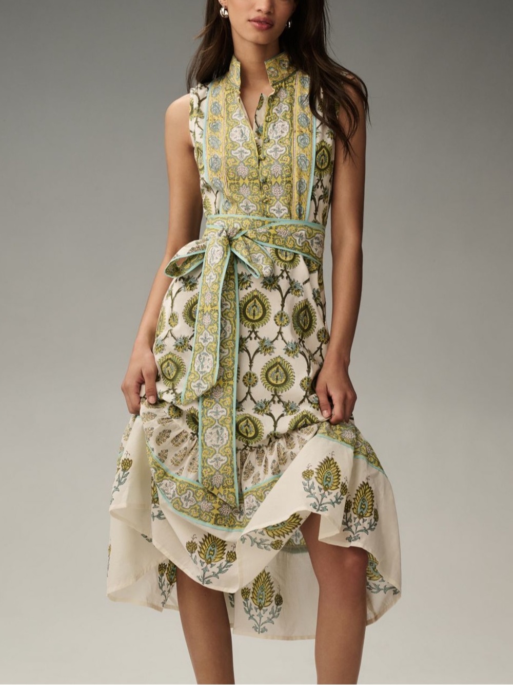 NWT Sue Sartor Large Flounce Sleeveless Green Floral Midi Dress Anthropologie